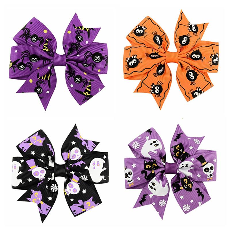 

24pcs Holiday Ribbon Bow Alligator Halloween Bowknot Hair Clip For Children Halloween Hair Accessories Hairpins Grosgrain Ghost Pinwheel