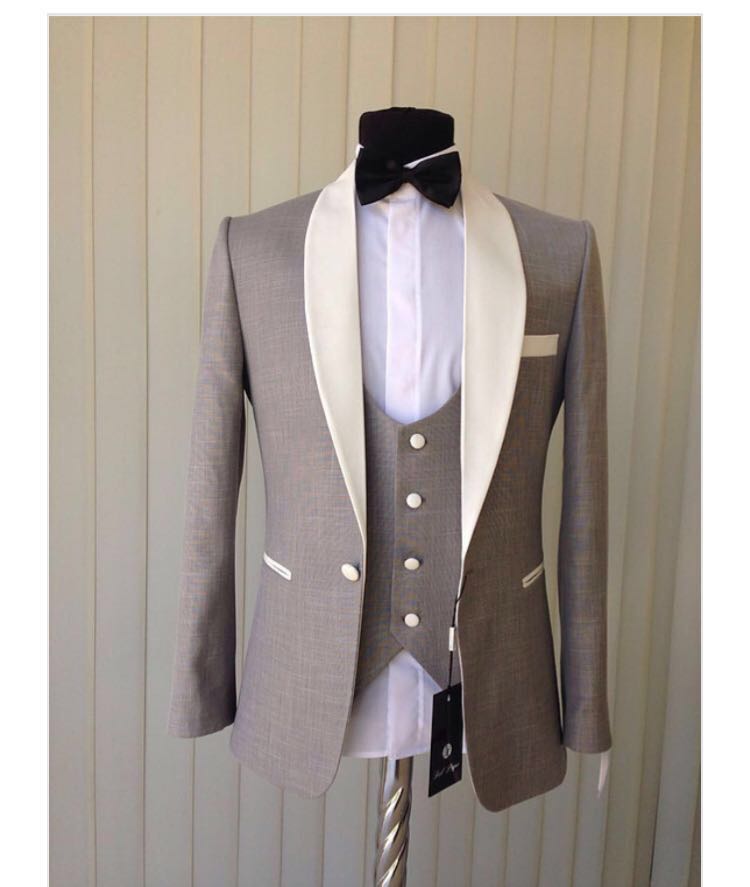 Customize Grey Men 3 Piece Suit Wedding Tuxedos Groom Tuxedos With White Shawl Lapel Men Business Dinner Prom Blazer(Jacket+Pants+Tie+Vest)9
