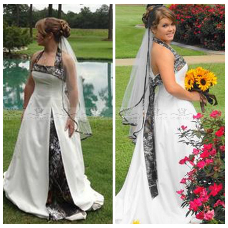 

2018 Cheap Sale Halter A-Line Camo Wedding Dress Satin Bridal Gowns Plus Size Camouflage Wedding Wear, Same as image