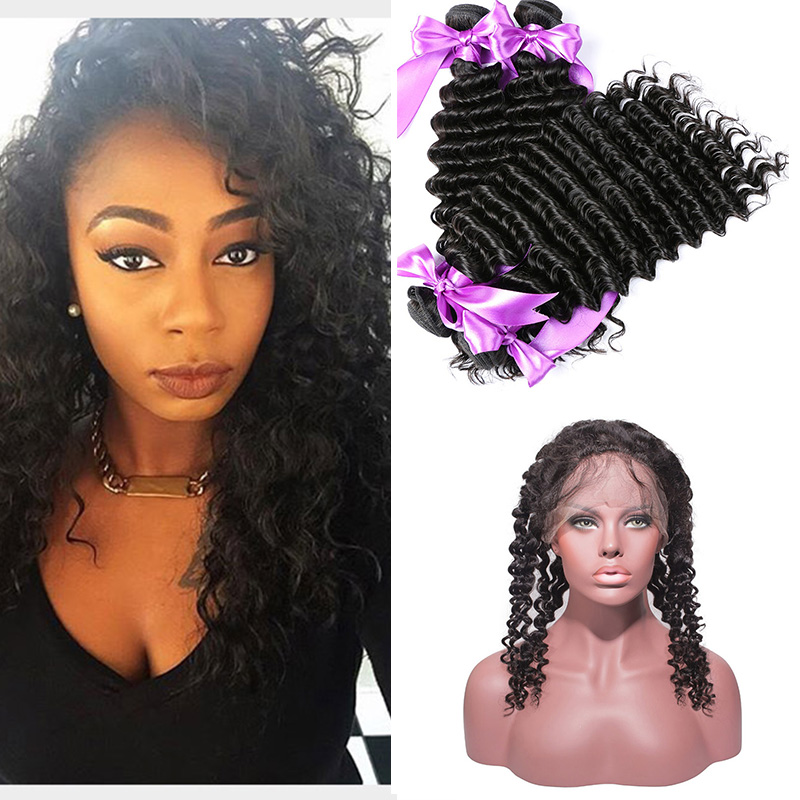 

360 Lace Frontal With Bundles Brazilian Deep Wave Virgin Hair With Closure 360 Frontal With Bundles Cheap Pre Plucked Lace Frontal, Natural color