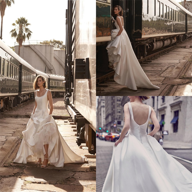2018 BHLDN A Line Beach Wedding Dresses Scoop Neck Sweep Train Satin Backless Country Bridal Gowns Plus Size Cheap Wedding Dress