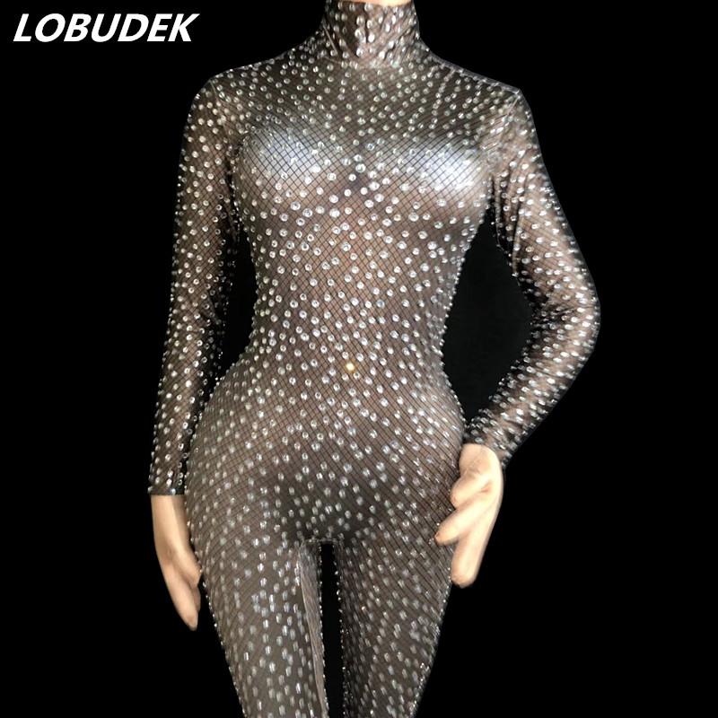 Sparkly White Rhinestones Skinny Jumpsuit Nightclub Clothing Lady DJ Singer Pole Dance Costume Bar Party Celebration DS Performance Bodysuit-image-427502881