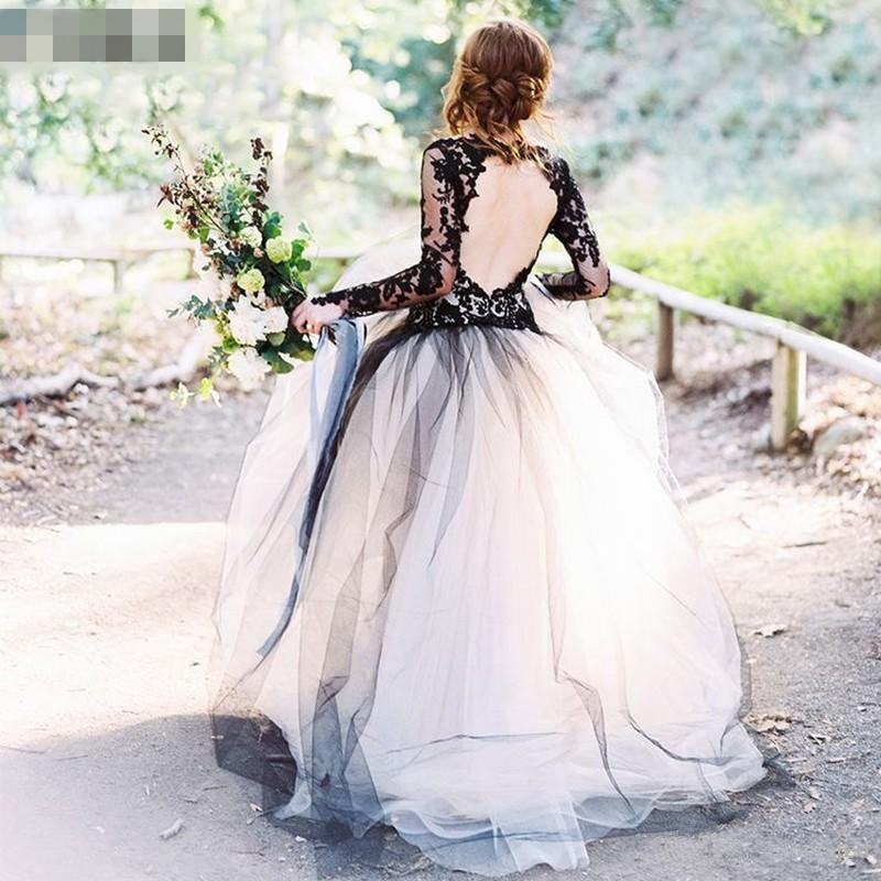 

Gothic Black Lace Wedding Dress Backless Long Sleeve Deep V Neck Black Top Layer Vintage Bridal Gowns 2019 Garden Wedding Custom Made, Gold