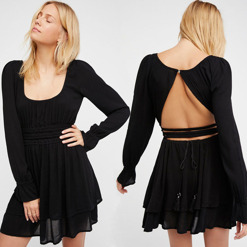 

Women Dresses Spring Long Sleeve O Neck Mini Dress Female Bohemian Solid Backless Sexy Dress Vestido Boho Dress, Pink