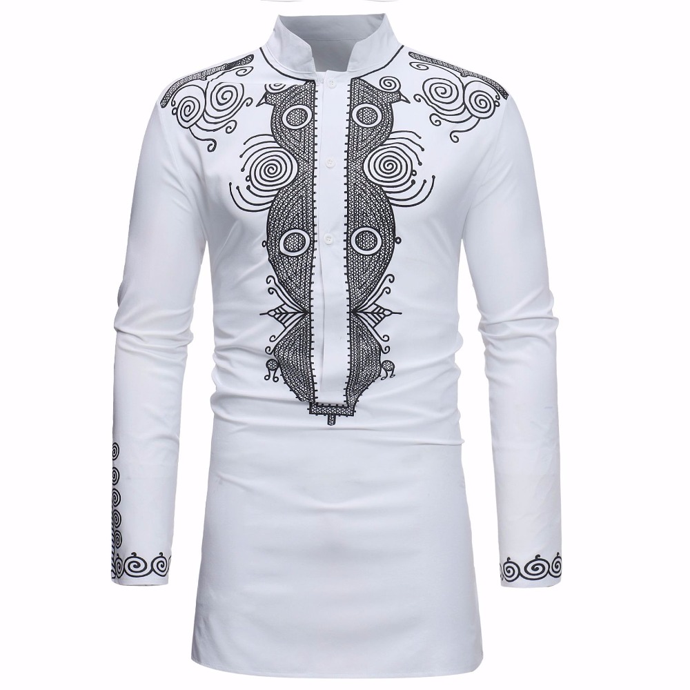

African Dashiki Shirt Men 2018 Spring Autumn New Stand Collar Long Sleeve Shirt Men Casual African Clothing Camisas Para Hombre, Blue