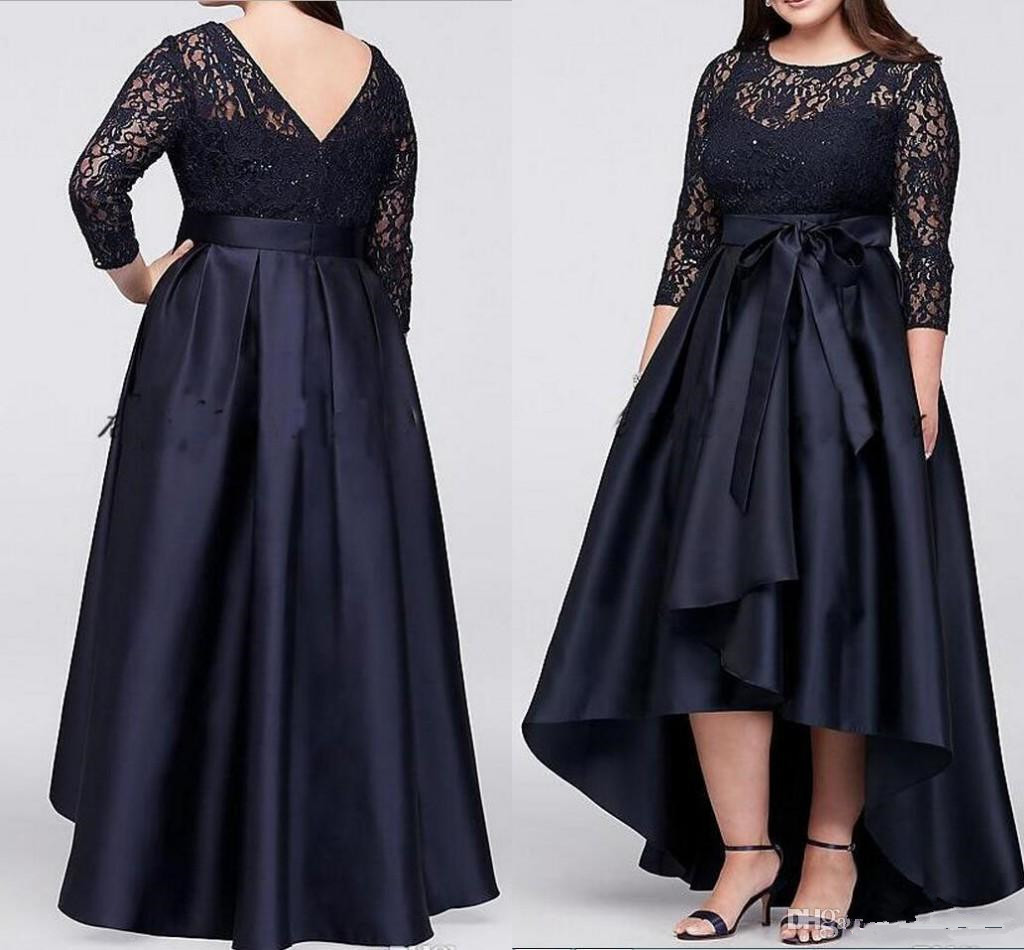 Plus Size Mother of the Bride Dress High Low Three Quarter Sleeve Lace Satin Bow Sash Women Formal Wedding Guest Gowns Custom Size