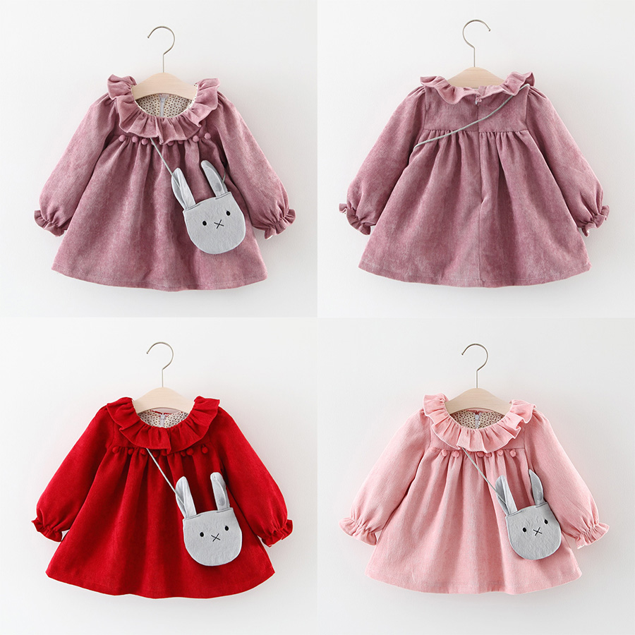 

Autumn Dress with Bags Fuzz Balls Cotton Flannelette Round Neck Long Sleeve Baby Girls Dresses Outfit 9M-4T, Red