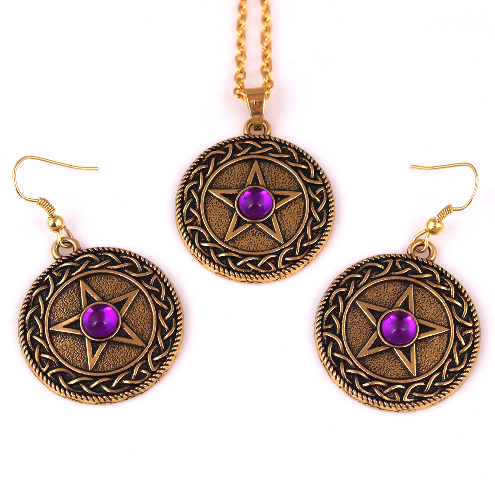 

Fashion Gold Color Knot PENTACLE Pendant Solid Background Pentagram Rhinestone Choice Necklace Earring Set Jewelry, Silver