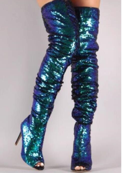 

2018 glitter women boots bling bling sequin booties thin heel over knee high boots ladies party shoes sequin booties women, Blue