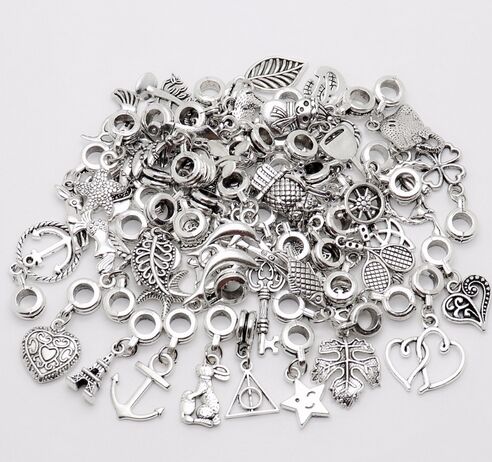 

100pcs/lot Silver Plated Mixed Vintage Big Hole Loose Beads European Pendant fit Pandora charms For Bracelet diy Jewelry Making findings, Bronze;silver
