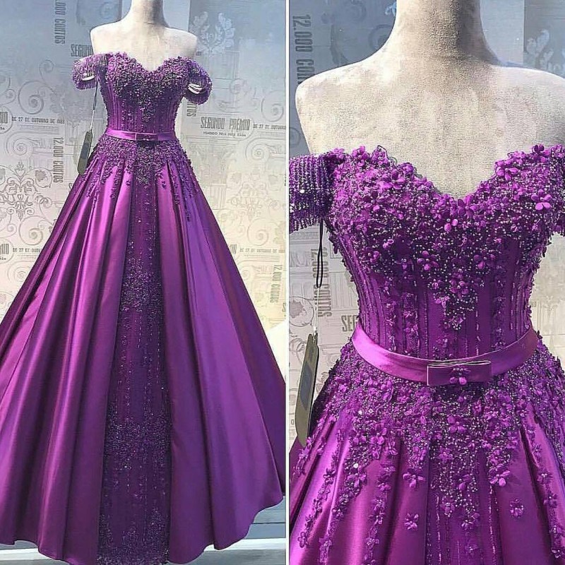 

Fabulous Purple A-Line Prom Dresses Off Shoulder Beads Lace Applique Sash Party Dress Glamorous Satin Floor Length Formal Wear Evening Dress, Black