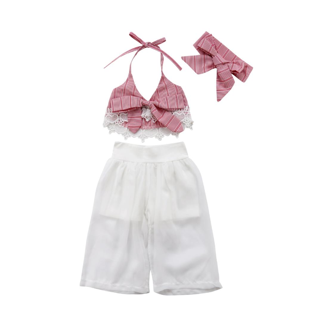 

2018 Emmababy Baby Girls Lace Striped Bow Tie Tops + Tulle White Wide-leg Pants Headband Set Outfits w, As pic