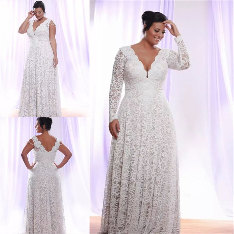 

Cheap Full Lace Plus Size Wedding Dresses With Removable Long Sleeves V Neck Bridal Gowns Floor Length A-Line Wedding Gown Elegant Long Gown, Ivory
