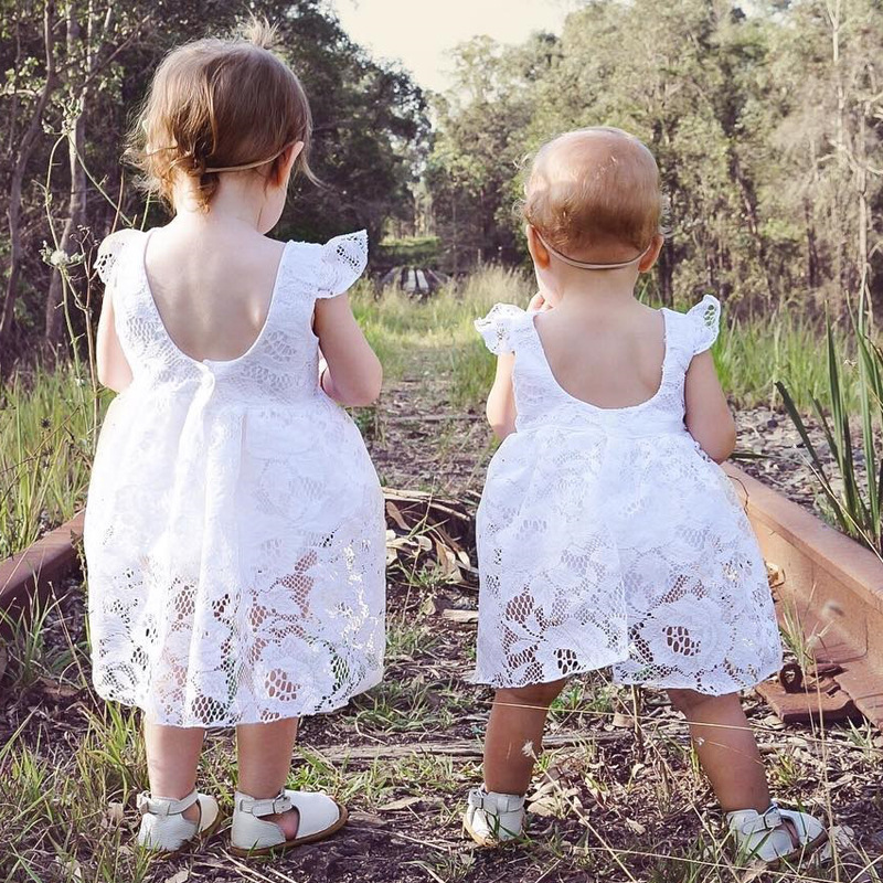 

White Lace Romper Dress Fashion Toddler Fly Sleeve Summer Baby Dresses Little Girl Hollow Out Open Back Dress 18041401