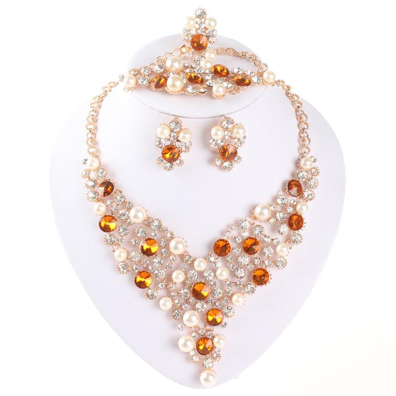 African Costume Jewelry Set Gold Plated Pearl Crystal Necklace Earrings Set For Women Wedding Party Accessories