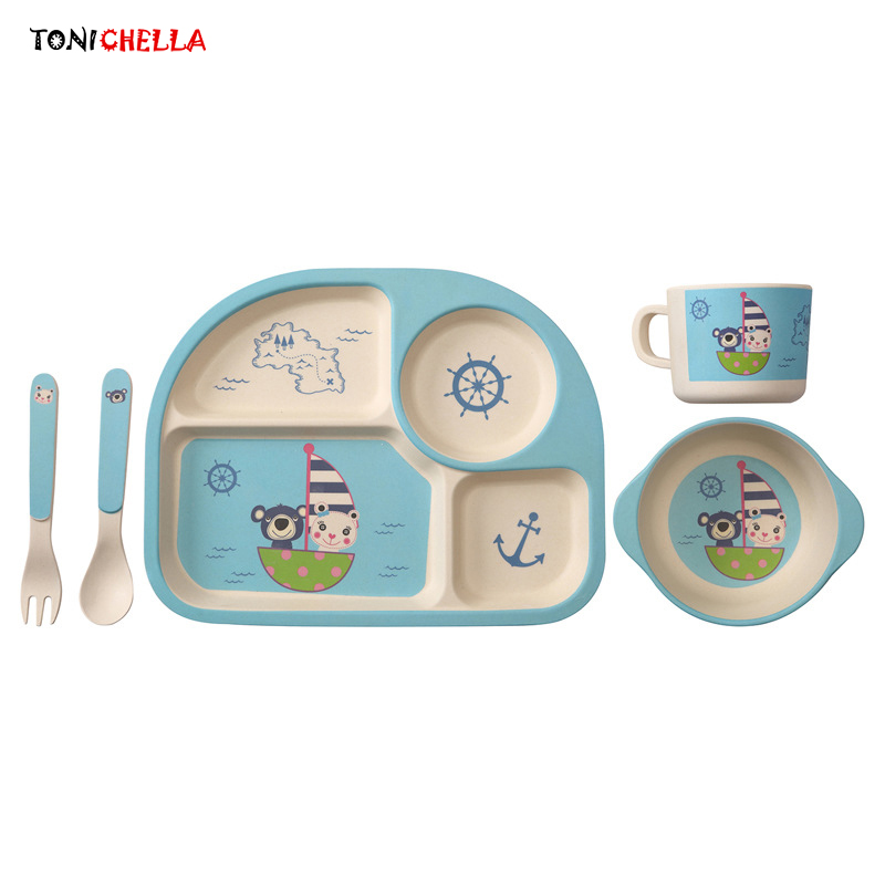 animales de dibujos animados para ni/ños vajilla plato taz/ón tenedor cuchara taza para beb/és 5pcs Juego de vajilla para ni/ños de fibra de bamb/ú fijada para la alimentaci/ón del beb/é #1