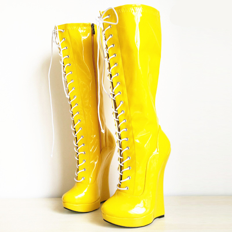 

18CM Heel Height Sexy Round Toe Wedgd Knee Heel Platform Party Knee Boots US size 5.5-14.5 No.MT1809, Yellow