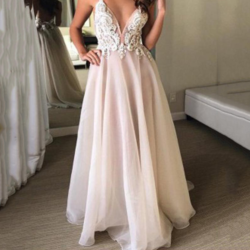 

Sexy Backless Spaghetti Straps Long Prom Dresses Glamorous V-neckline Illusion Appliques Beaded Evening Dress Chiffon Party Wear Prom Gowns, Champagne
