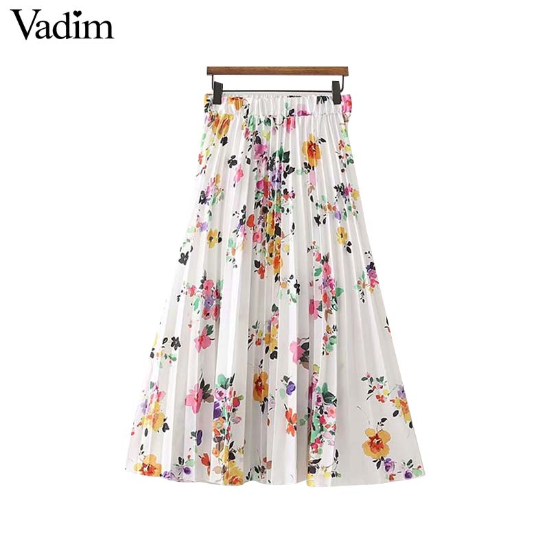 

Vadim women sweet floral pattern pleated skirt elastic waist faldas mujer ladies summer casual chic midi skirts BA046, As picture