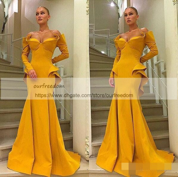 Amazing Ruffles Detail Long Sleeve Evening Dresses 2019 Yellow Sweetheart Full length Sexy Mermaid Dubai Arabic Prom Party Gowns