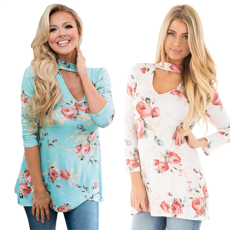 

Women's T-Shirt Women Autumn Flower Tshirts V-neck Halter Long Sleeved Tops Floral Casual Tees Clothing For Spring, Blue