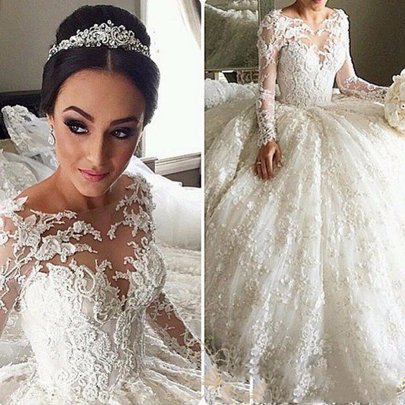 

Dubai Elegant Long Sleeves A-line Wedding Dresses Sheer Crew Neck Lace Appliques Pearls Vestios De Novia Bridal Gowns with Buttons, Ivory