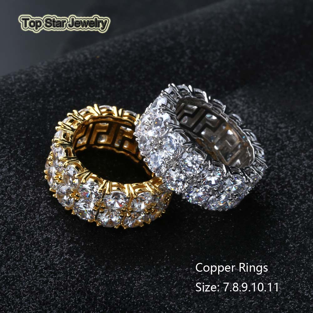 

New Style Real Copper Rings Chiny 2 Rows Cubic Zirconia Punk Finger Accessories For Men Hip-Hop Trendsetter Rock Rapper Jewelry Gold Silver