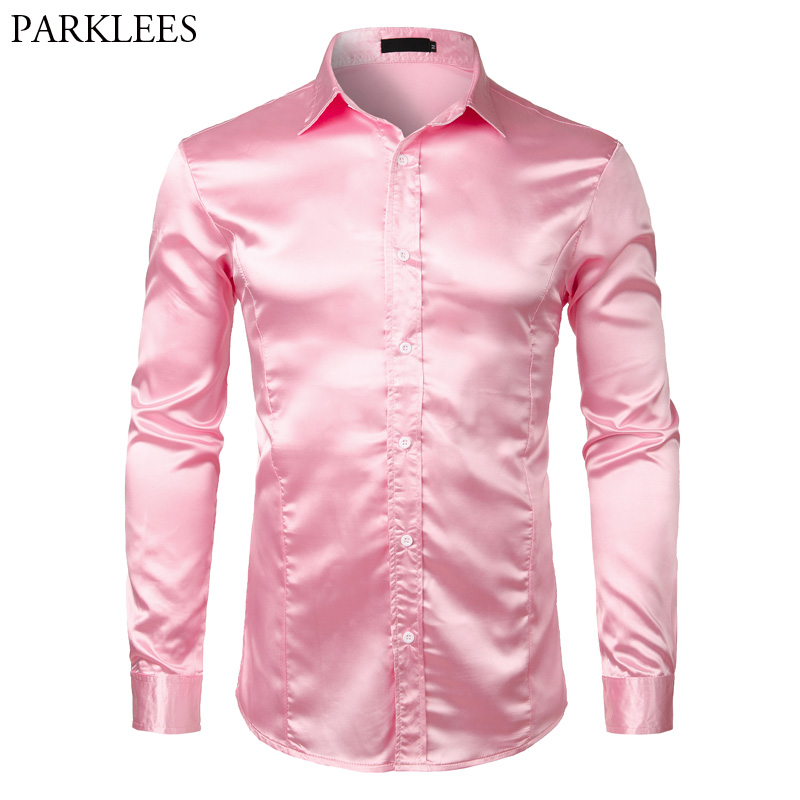 

Pink Silk Satin Dress Shirt Men 2018 Brand New Slim Long Sleeve Tuxedo Shirt Male Wedding Club Party Dance Prom Camisas, White;black