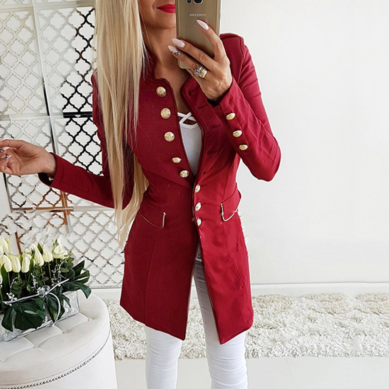 

Autumn Double Breasted Suit Coat Women Elegant Slim Suits Jacket Winter Outwear V Neck Long Coat Office Lady 2018 Black Red
