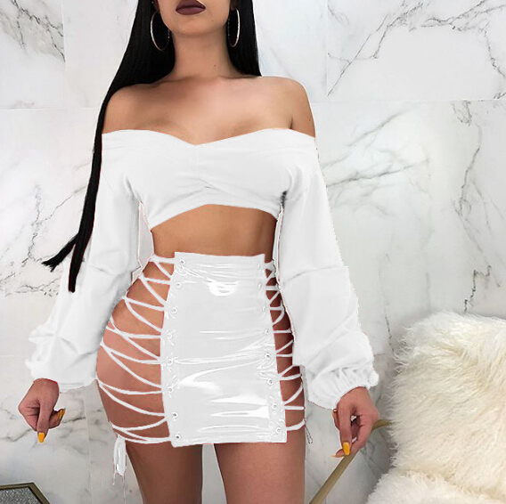 

Spring Summer New Sexy PU Leather Skirt Women Cross Lace Up Split Pencil Skirts Mini Dress, Blue