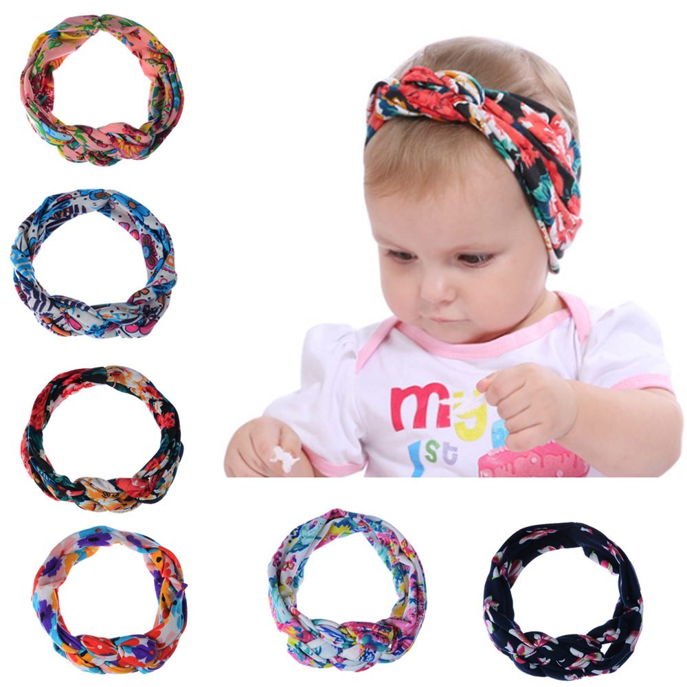 

2018 New Cute Baby Kids Headbands Knotted Bow Hairbands Girl Childrens Floral Flower Printed Headdress Wearing Hair Band Accessories, As pic