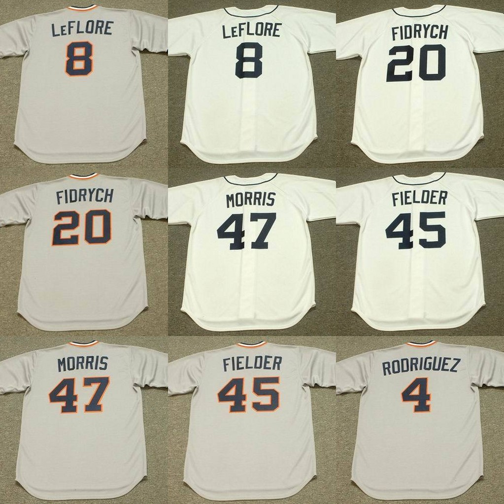 

Detroit 4 AURELIO RODRIGUEZ 7 TOM VERYZER 8 RON LeFLORE 20 MARK FIDRYCH 45 CECIL FIELDER 47 ACK MORRIS Baseball Jersey 1984