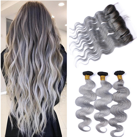 

Black and Silver Grey Ombre Brazilian Human Hair Weaves with Frontal Body Wave #1B/Grey Ombre 3Bundles with 13x4 Lace Frontal Closure