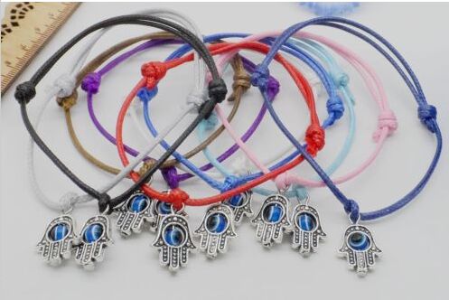 

100pcs/lot Lucky String Hamsa Hand Evil Eye Charms Lucky Red wax Cord Adjustable Bracelet DIY Jewelry NEW