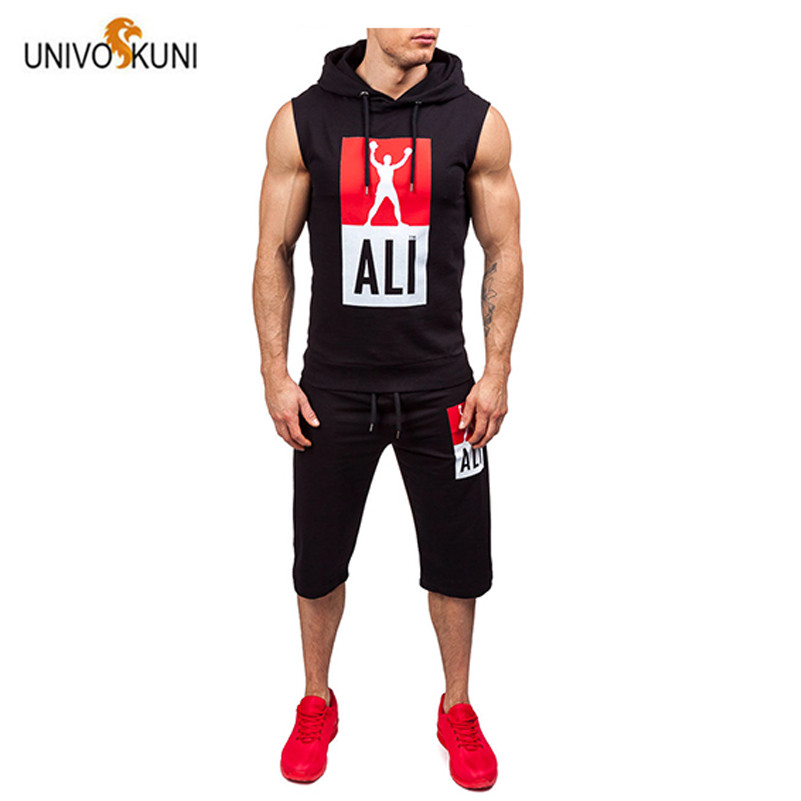 

UNIVOS KUNI 2018 New Summer Casual Sportswear Slim Fit Male Men' Sportswear Set Fashion Hooded Lettering Set H15, Black