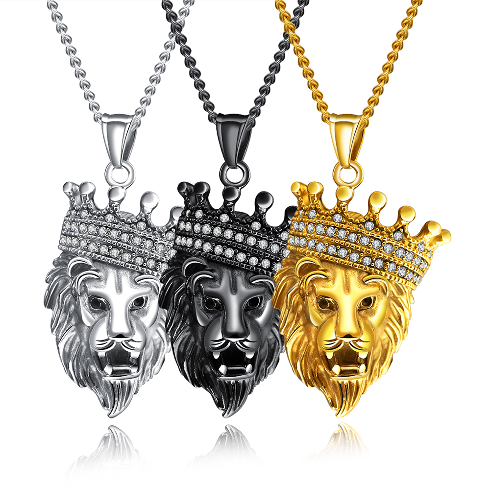 Stainless Steel Zircon Crown Lion-head Pendant Necklace Hip-hop Costume Jewelry Fashion Accessories Gift for Women Men-image-409809974