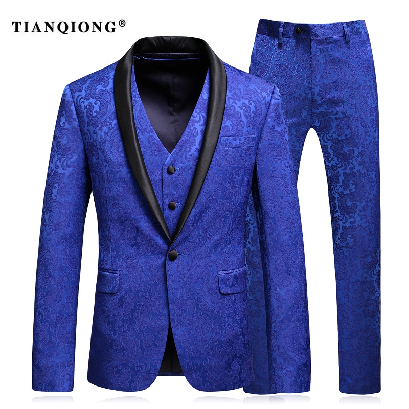 Wholesale-TIAN QIONG Mens Wedding Suit 2017 Man Slim Fit Business Suit Printed 3 Piece Groomsmen Suits Tuxedo Jacket Prom Stage Wear