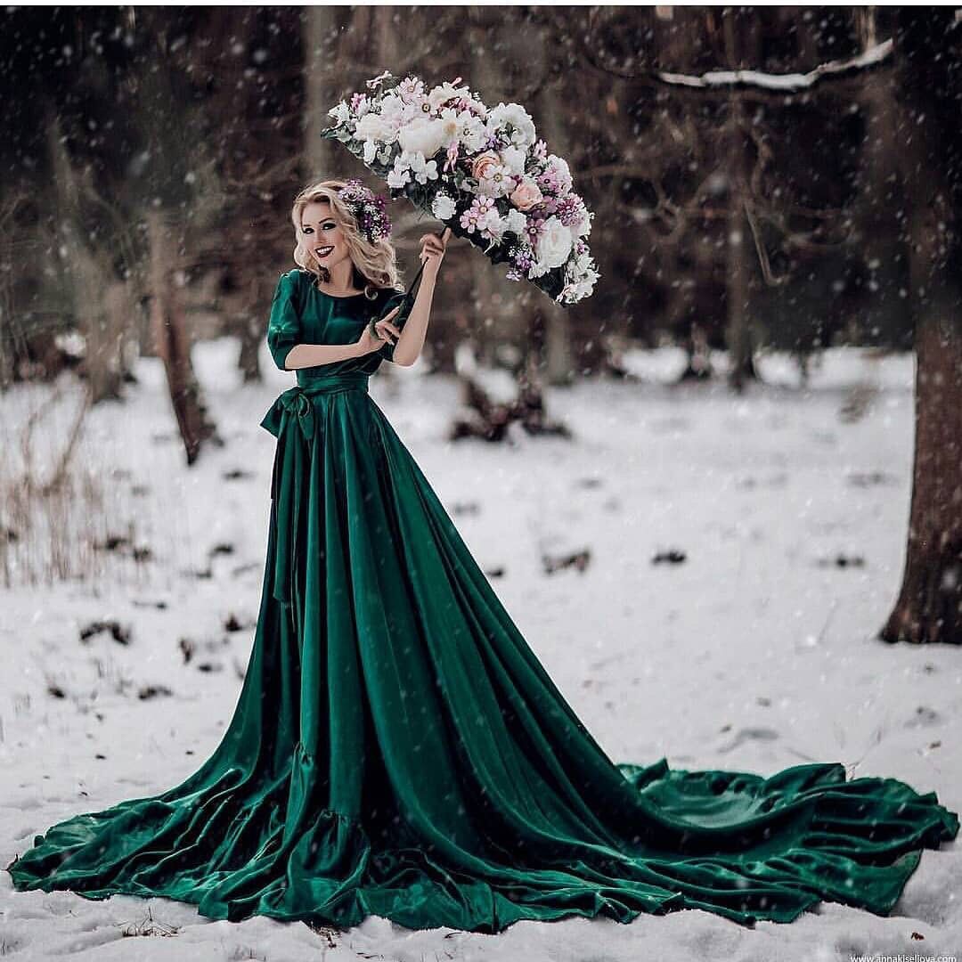 Dark Green A Line Wedding Dresses Half Sleeve Velvet Elegant Later Fall