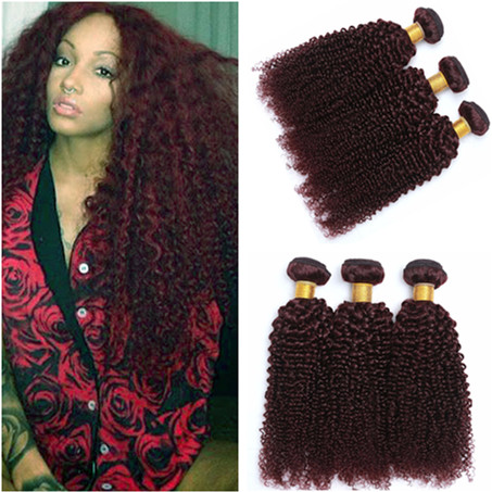 

#99J Wine Red Human Hair Bundles Deals Kinky Curly 3Pcs Burgundy Red Virgin Peruvian Curly Human Hair Weaves Extensions 100g/Bundle