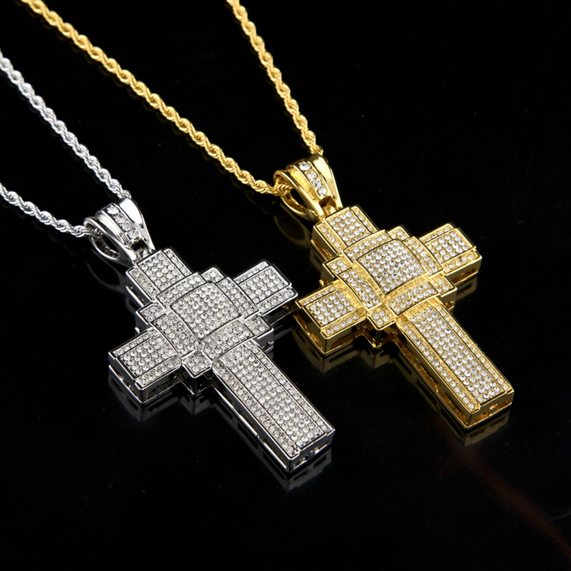

New Hip Hop Jewelry Gold/Silver Plated Full Crystal Cross Pendent Necklace Religion Men Jewelry Accessories Christianity Gifts