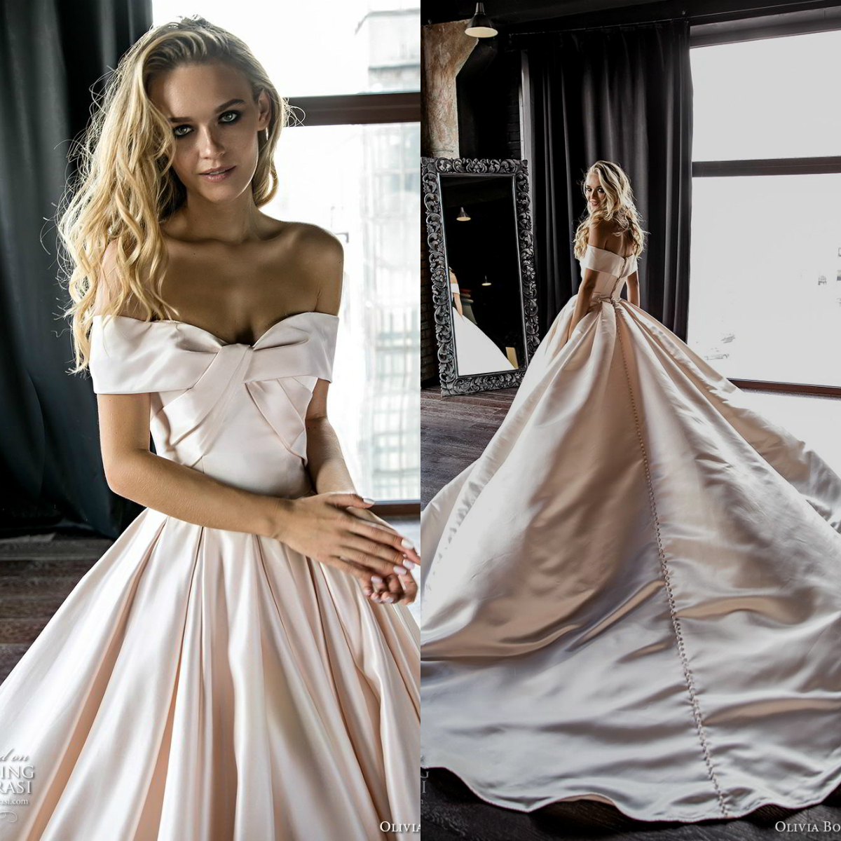2019 Pink Wedding Dresses Olivia Bottega Off The Shoulder Satin Sweep Train Bridal Gowns Beach Plus Size Robe De Mariée