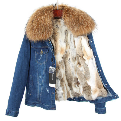 

Fashion Brown raccoon fur trim girl snow coats brown white rabbit fur lining navy blue demin coats, Grey white fur