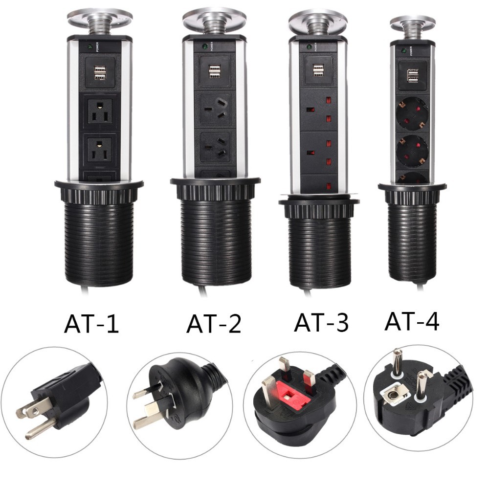 

EU/UK/USA/AU Plug Hidden Kitchen Table Pop Up Electrical Socket Power 1 Led+3 power+2 charge USB Aluminum Shelf Silver/Black Cap