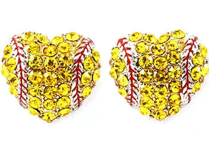 

yellow Rhinestone round yellow softball stud earrings / gift for sports mom spots team gift for her softball mom fashion earring hook stud