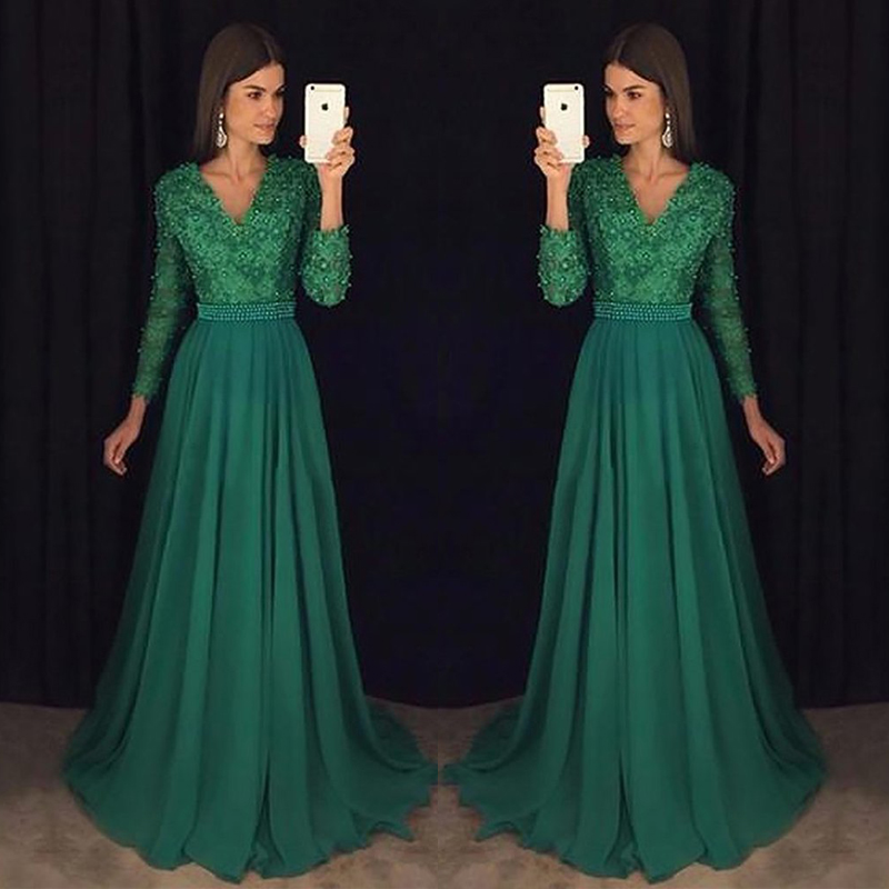 

Elegant Emerald Green Prom Dresses 2022 Long Sleeves A Line Lace With Beads Chiffon Long Formal Evening Party Gowns MP266, Pink