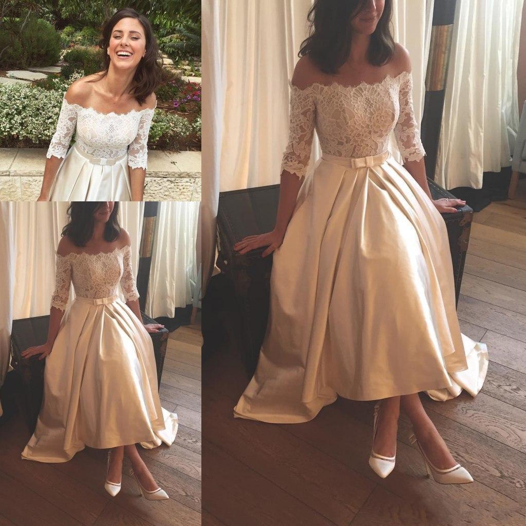 

Vintage Gold Ankle Length Country Garden Cheap Wedding Dresses Off The Shoulder Taffeta Pleat vestido de novia Bow Sash Bridal Beach Sleeve, Red & white