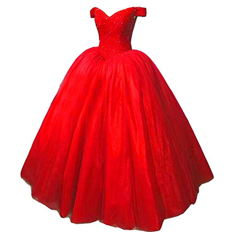 

2018 New Red Quinceanera Dresses Ball Gown Crystals Pearls Ruffles Tulle Lace Up Back Pageant Gowns For Girls Q44, Ivory