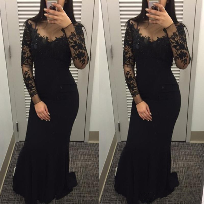 

Elegant Black Mermaid Evening Dresses With Long Sleeve Lace Applique Formal Prom Dress Evening Party Gowns, Dark navy
