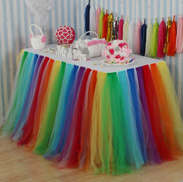 

Colorful Rainbow Tulle Table Skirt Round Table Skirt Wedding Favors Party Baby Shower Decoration Wedding Sign in Table Skirt Home Textile