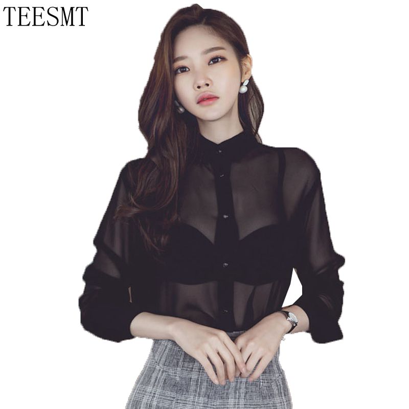 

2018 Women Perspective black Blouse Chiffon Shirt Transparent Long Sleeve Top Sexy Turn Down Collar Fashion